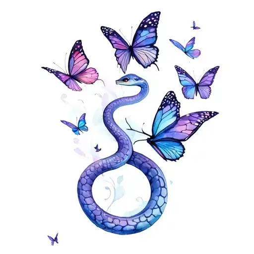 Snake With Butterflies Flying Around Watercolor