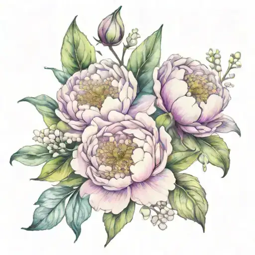 3 Peony's With A Lily Of The Valley Flowers