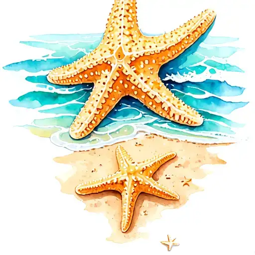 Lots Of Starfish On The Sand And Ocean