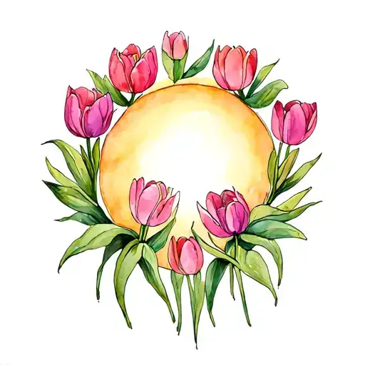 Floral Wreath Of Tulips Surrounding The Sun Shining