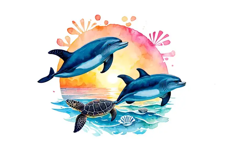 Beach Ocean Dolphins With Sea Turtles Sunset Shells
