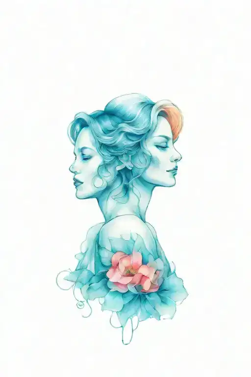 Gemini Woman Sad Happy Fine Line Drawing