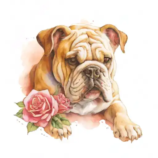 A Bulldog With A Cross And A Skull And A Rose