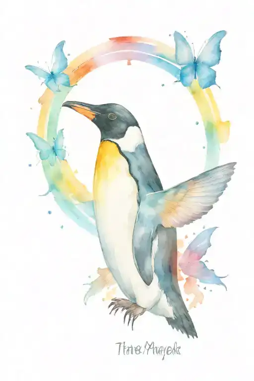 Penguin Looking At A Butter Fly Flying With Rainbow Colors Around Both
