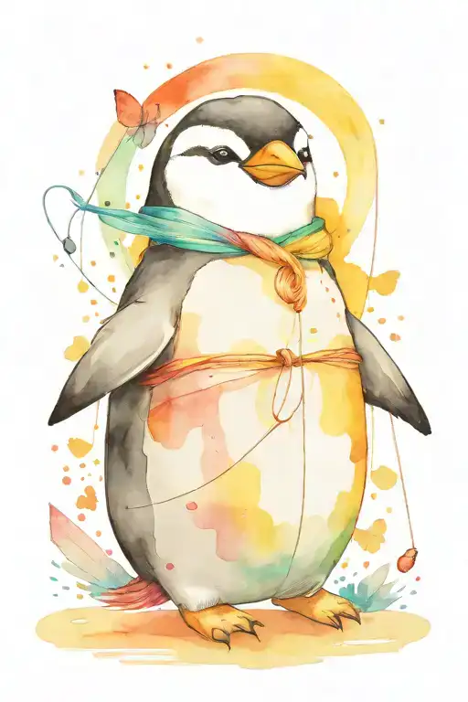 Chubby Penguin Holding A String Connected To A Butter Fly Flying With Rainbow Colors Around Both