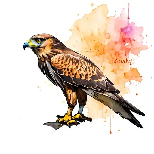 A Tattoo Of A Hawk Bird With The Name Roudy Attached