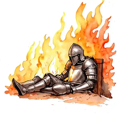 Tired Knight In Metal Uniform And Helmet Resting By The Fire