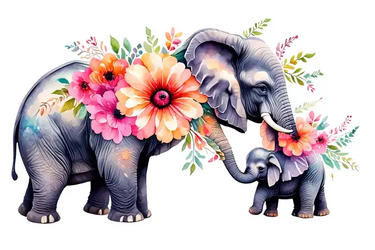 Mom And Child Elephant With Flowers Intertwined