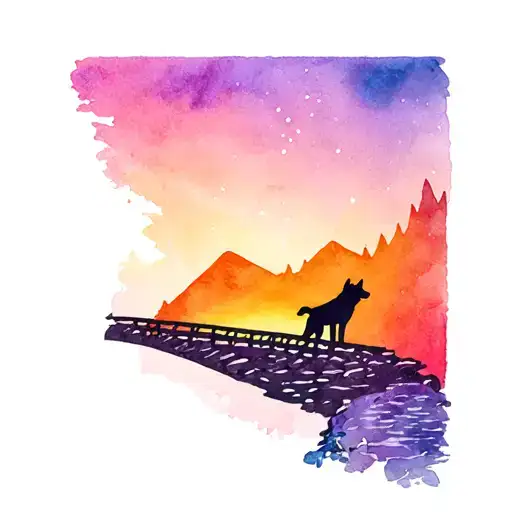 Husky Silhouette Crossing The Rainbow Bridge Over A Mountain Stream