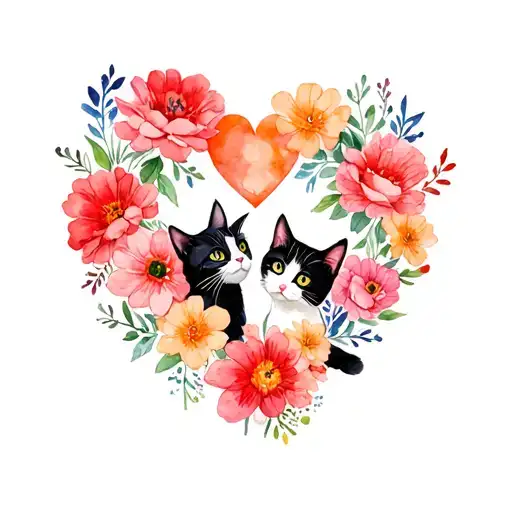 Black And White Cats Loving With Flowers Around It