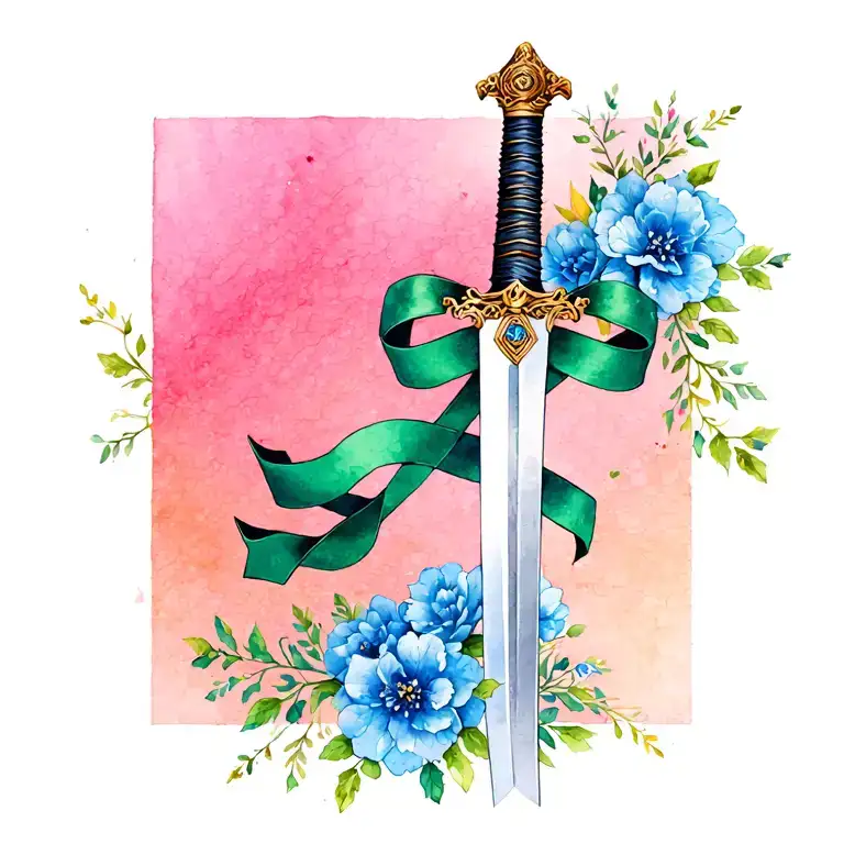 Samuri Sword With Green Ribbon Surrounded By Blue Flowers