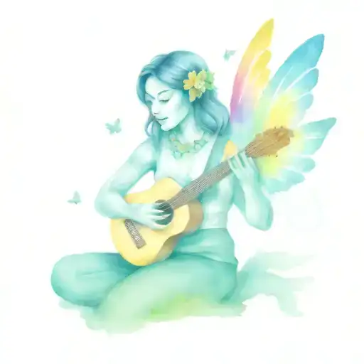 Hula Girl Playing Ukulele Surround With Rainbow Butterfly