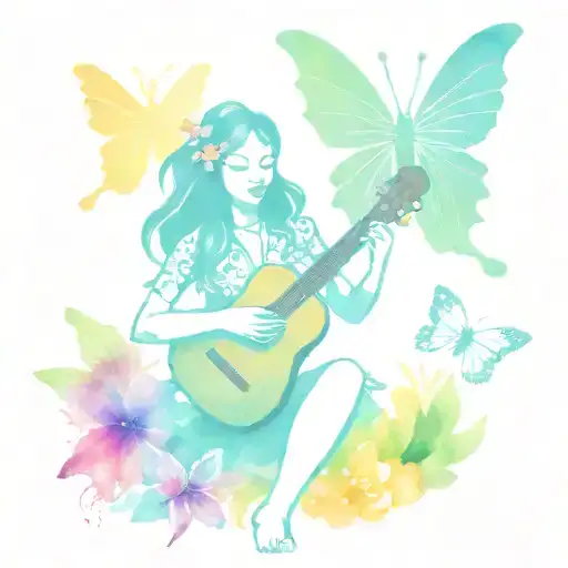 Hula Girl Playing Ukulele Surround With Rainbow Butterfly Wings