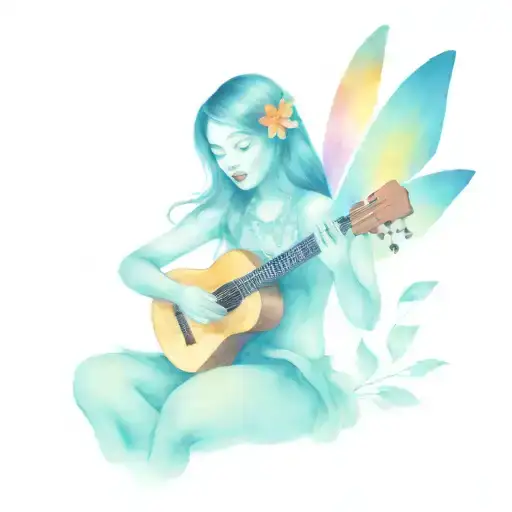 Hula Girl Playing Ukulele Surround With Rainbow Butterfly Wings