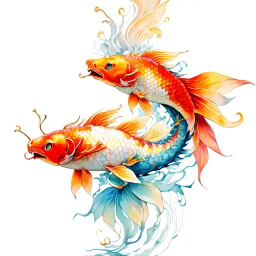 From A Flower Two Koi Fish Behid Going Higher A Dragon With Gold Elements