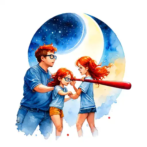 Father And Daughterwith Red Hair And Glasses Playing With A Red Baseball Bat Durring A Solar Eclipse