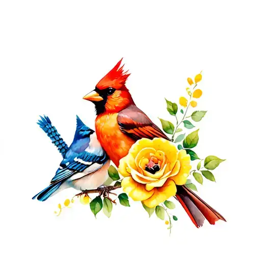 Cardinal And Blue Jay With Yellow Roses Intertwined