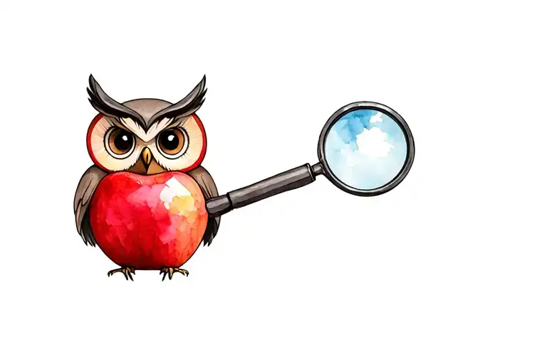 Owl Holding Magnifying Glass Revealing A Shiny Red Apple