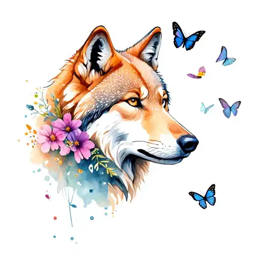 Wolf Head With Wildflowers And Butterflies Flying