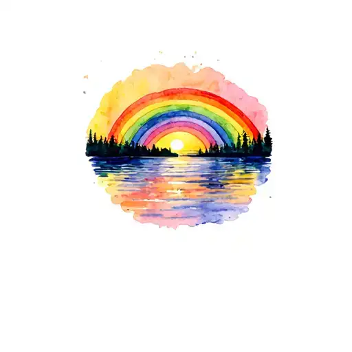 Sunset And Rainbow On A Lake Infront