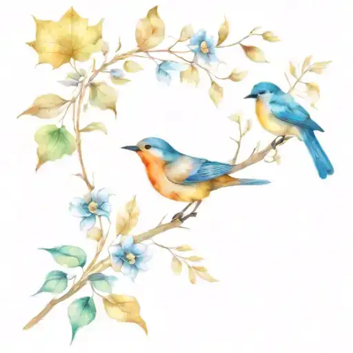 Autumn Leaves And Bird With Flowers