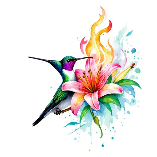 Fire Lilly Flower And Hummingbird