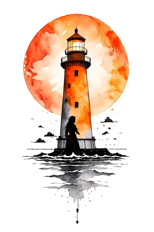Detailed Lighthouse Ocean Silhouette Of Woman In Black Grey