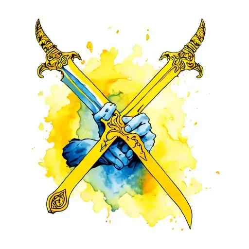 Blue Wold Holding Yellow Cross Sword