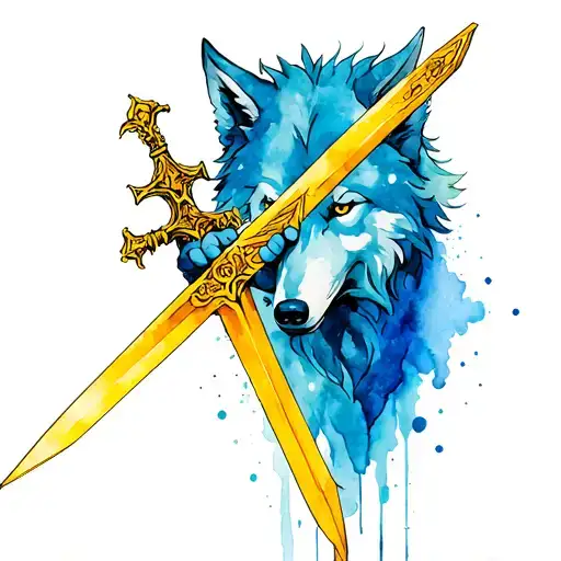 Blue Wolf Holding Yellow Cross Sword