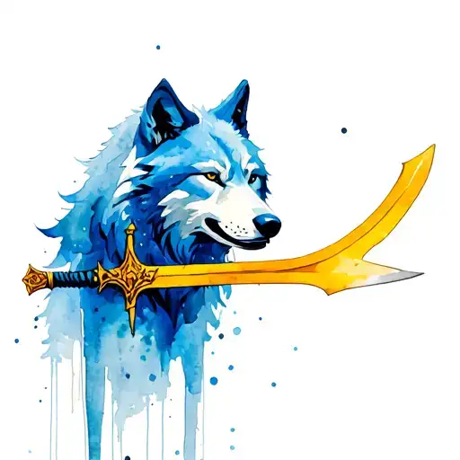 Blue Wolf Holding Yellow Sword In Its Mouth