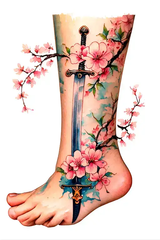 An Ankle Tattoo With Cherry Blossoms And A Katana Sword