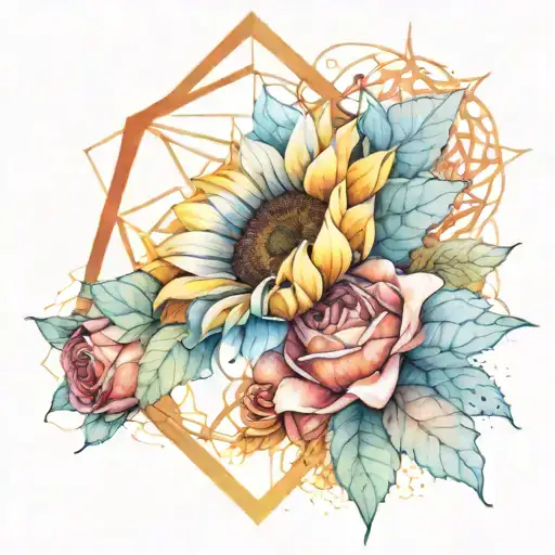 Geometric Design Line Work With A Sunflower And Rose Buds