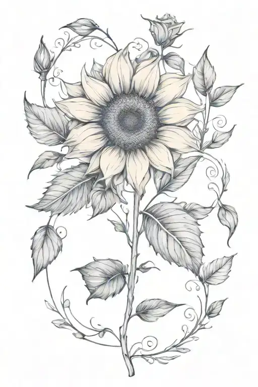 Geometrical Fine Line Design Featuring Sunflower And Rose Buds For A Spine