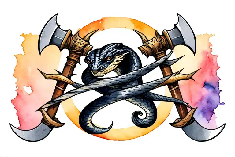 Black Mamba Wrapped Loosely With 2 Axes And A Shield With 4 Thorns