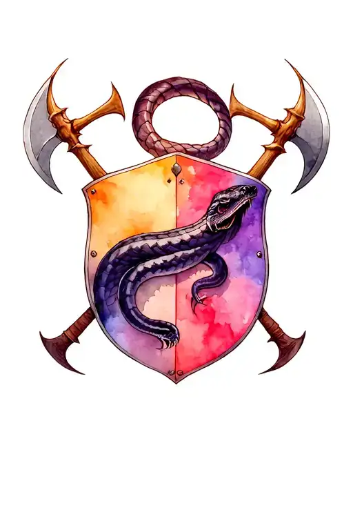 Black Mamba Wrapped Loosely With 2 Axes And A Shield With 4 Thorns