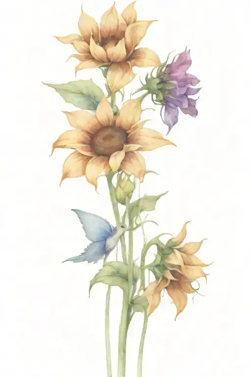 Detailed Fine Line Geometric Background Design With Sunflowers And Blue Bells