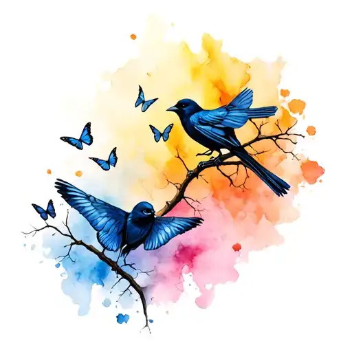 Tree Crows Butterflies Flying