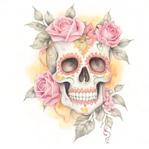 Sugar Skull With Pink Roses And Sunflowers