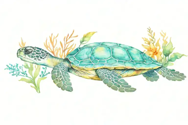 Sea Turtle And Fish Swimming Through Sea Kelp Forest