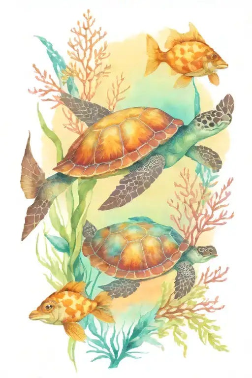 Sea Turtle And Fish Swimming Through Sea Kelp Forest