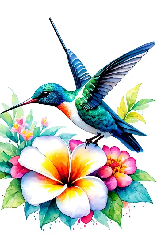 2 Blue Hummingbird With Plumeria And Zinnia Flowers