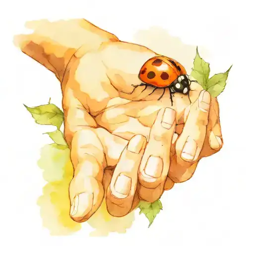 Ladybug Crawling On A Child's Hand With A Backdrop Of Outdoor Scenery