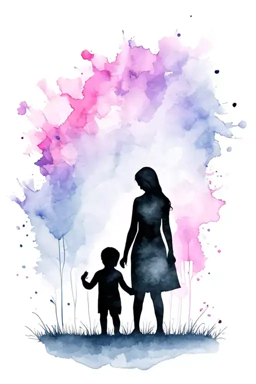 Black Silhouette Of Mother With Young Boy And Little Girl Against Watercolour Background