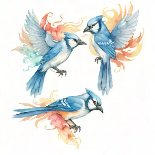 Blue Jay And Phoenix Circling Each Other