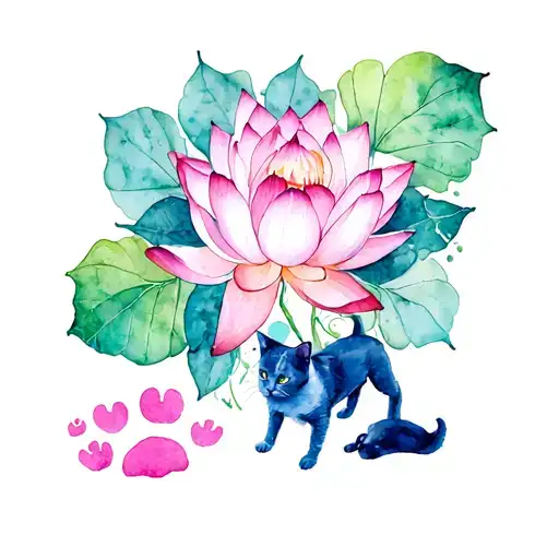 Lotus With Leafs And A Cat With Cat Paws And A Dog With Dog Paws Connected