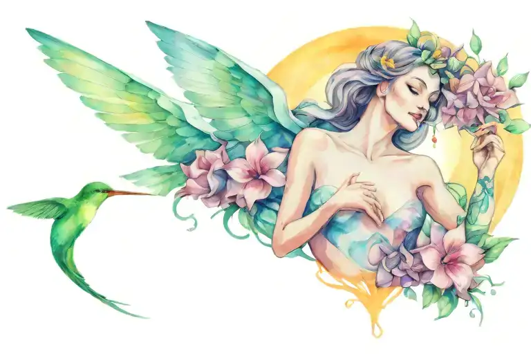 Sexy Goddess With Cancer Sign Flower And Humming Bird