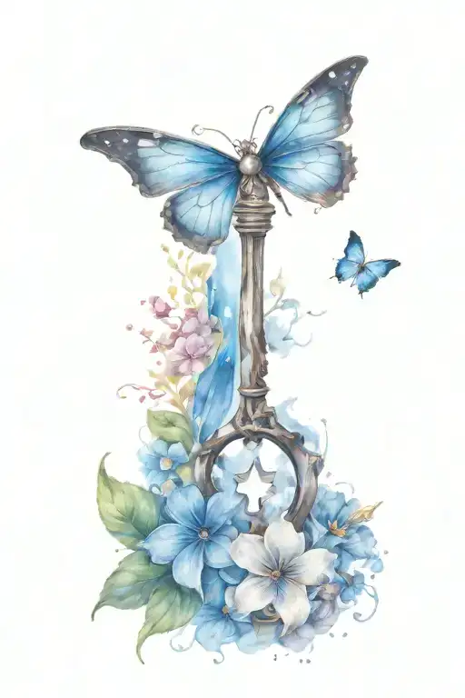 A Fairy Key With A Blue Butterfly Over It And Around Two Japanese Death Flowers