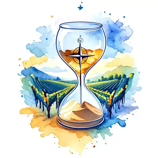 Sand Hour Glass With A Vineyard With A Compass Surrounded By Various