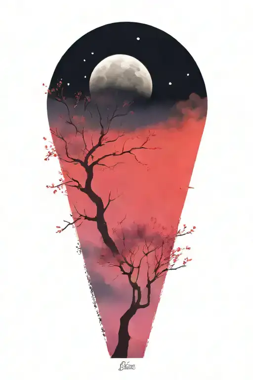 Sakura Tree With Moon Offset In Background