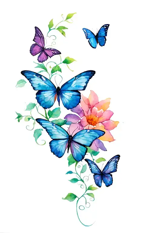 Flower Vine And 4 Butterflies Flying